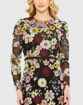 Black Embroidered Applique High Neck Long Sleeve Trumpet Gown - FINAL SALE